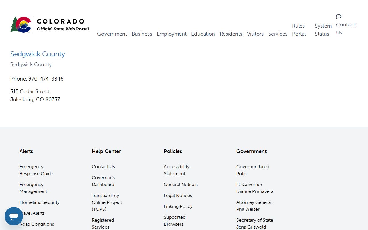Colorado state directory entry for Sedgwick County
