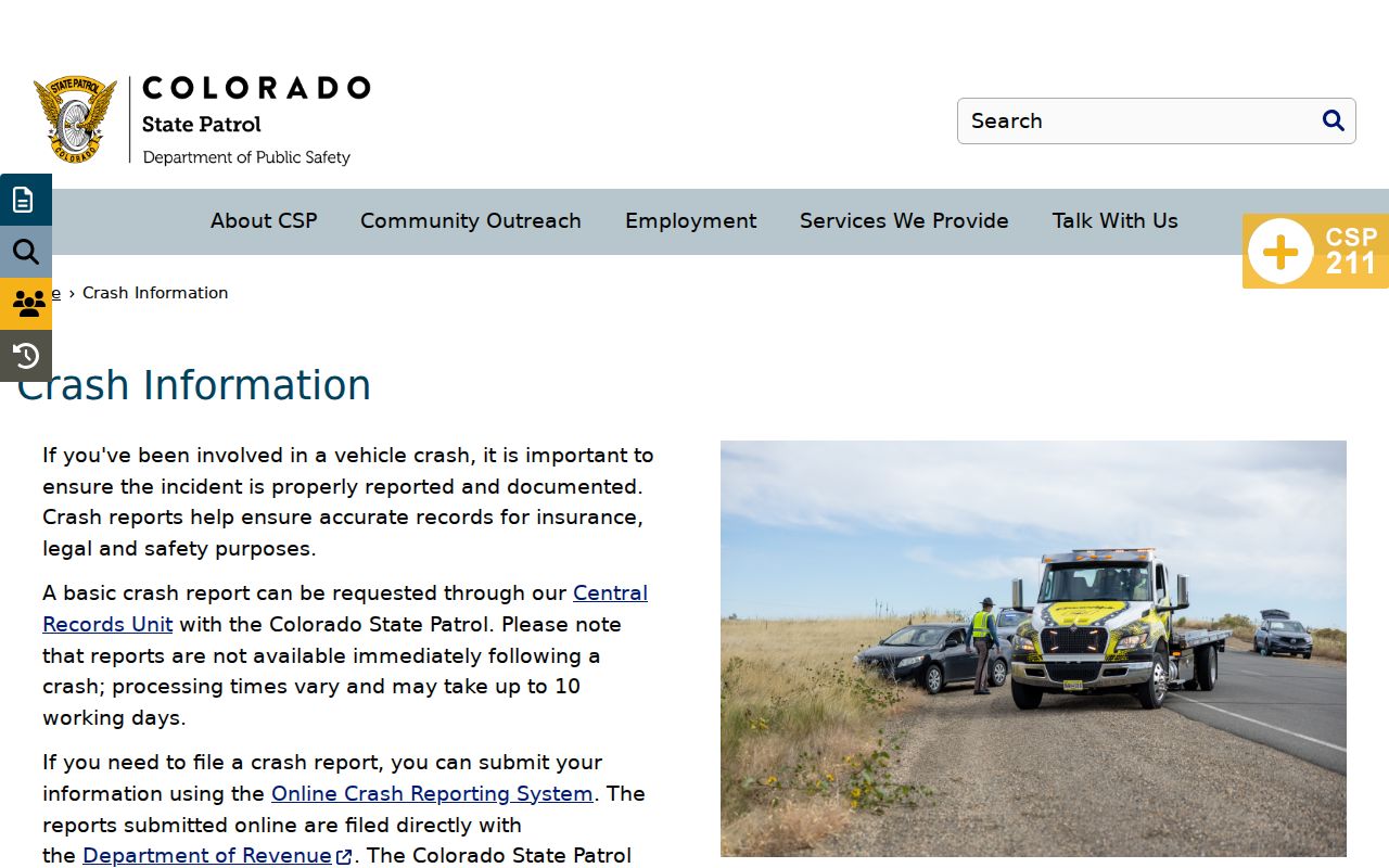 Colorado State Patrol crash information page for Julesburg requests