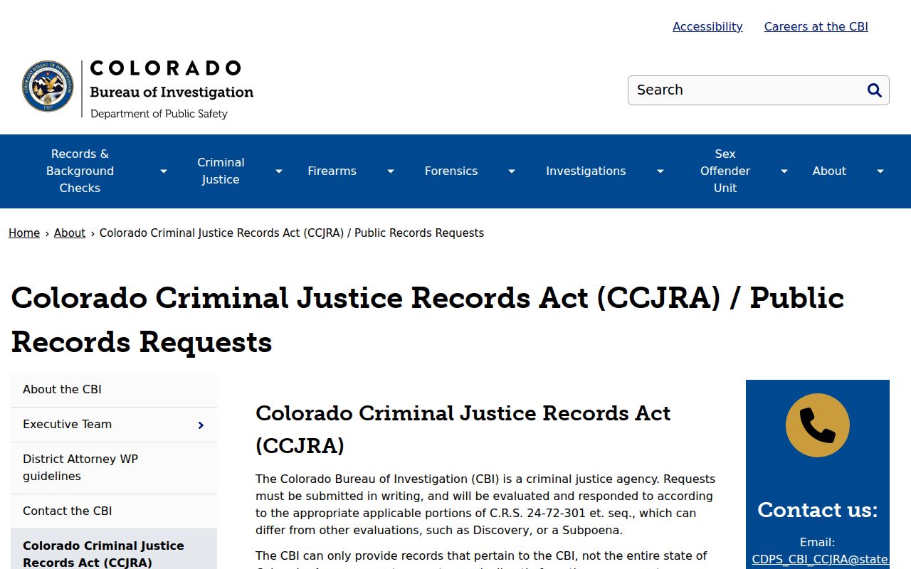 CBI Colorado Criminal Justice Records Act request information