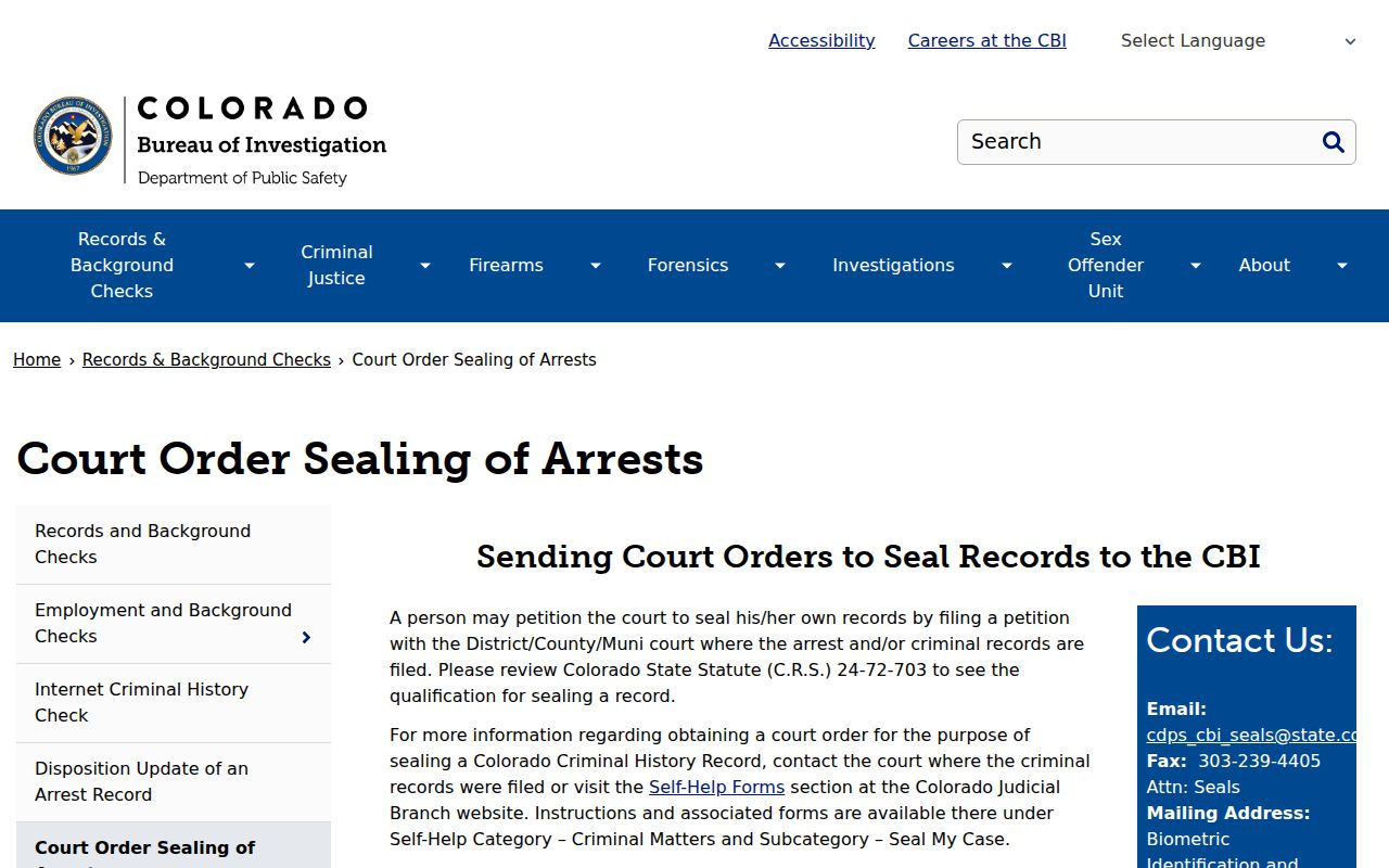 Colorado court ordered sealing of arrest records information