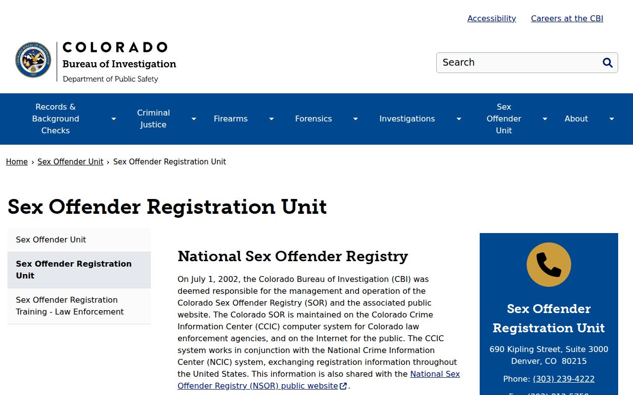 Colorado Bureau of Investigation Sex Offender Registration Unit information for Sedgwick County requests