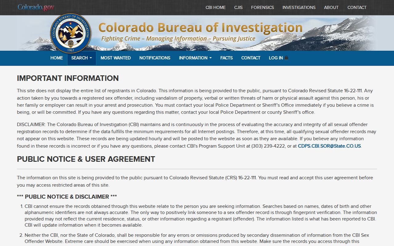Anonymized Colorado registry profile layout showing public field categories